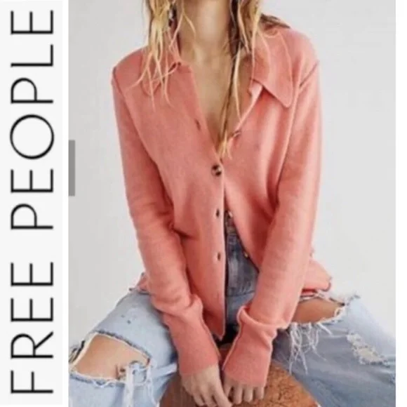 Last Day NWT Free People 100% Cashmere Paloma Cardi coral - Picture 1 of 16